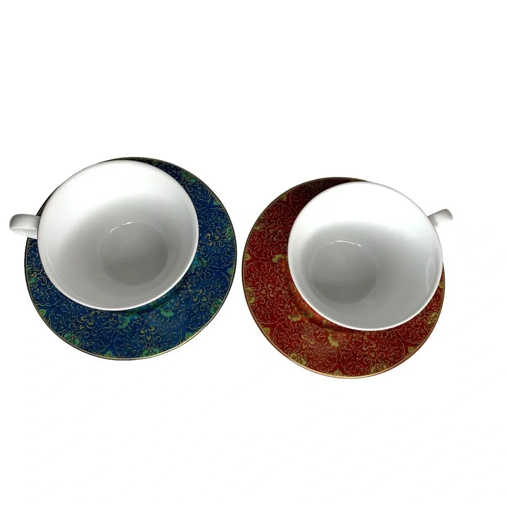 222 FIFTH Set of 2 Eva Opulent Blue & Red Porcelaine Fine China Cup & Saucer Set